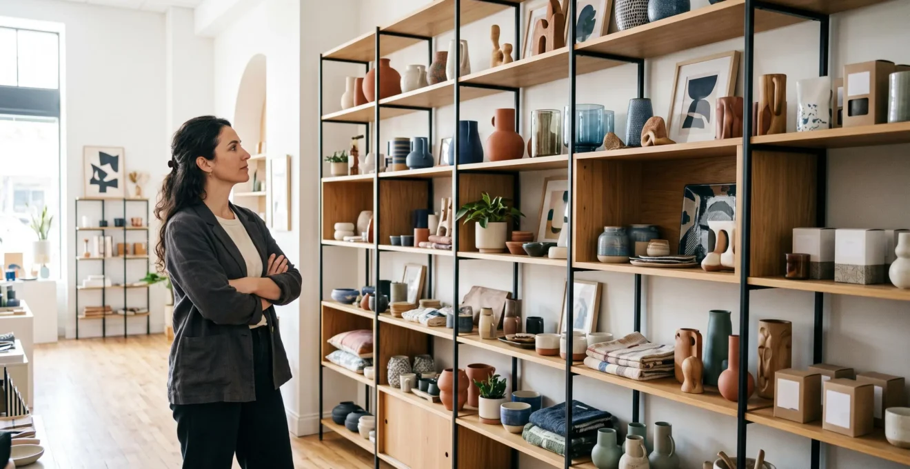 Proprietaire de boutique observant un mur vertical amenage avec du mobilier modulable pour maximiser l'espace de vente