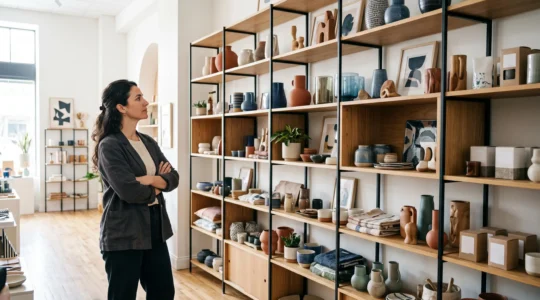 Proprietaire de boutique observant un mur vertical amenage avec du mobilier modulable pour maximiser l'espace de vente