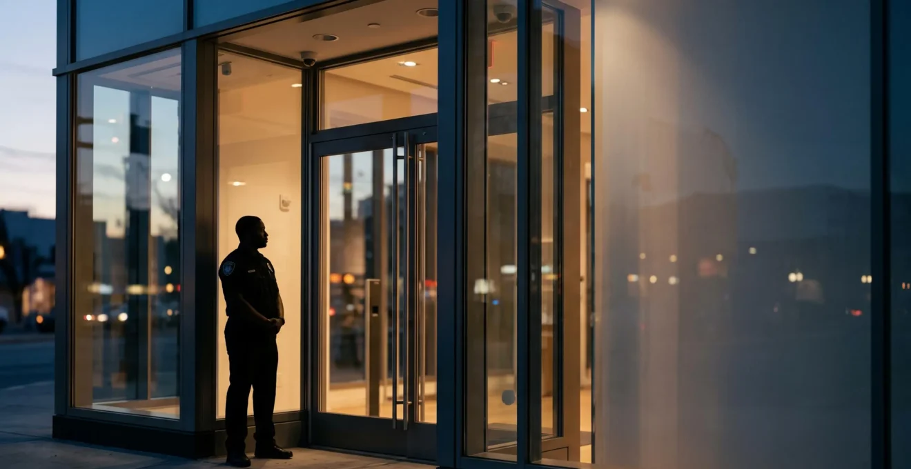 Silhouette d'un agent de securite supervisant une boutique moderne au crepuscule, symbole de l'equilibre entre presence humaine et technologie de surveillance