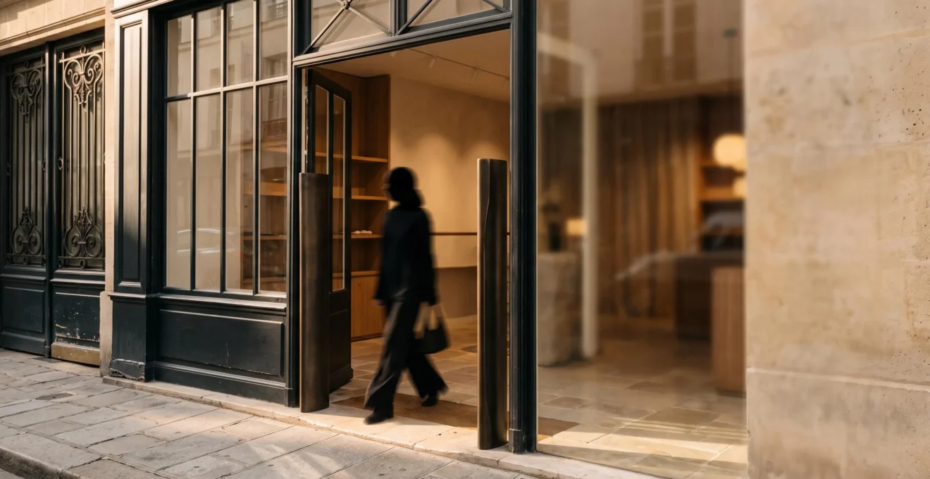 Portique de détection antivol discret à l'entrée épurée d'une boutique, symbole d'une protection intelligente et maîtrisée contre la démarque