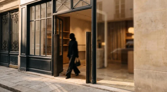Portique de détection antivol discret à l'entrée épurée d'une boutique, symbole d'une protection intelligente et maîtrisée contre la démarque