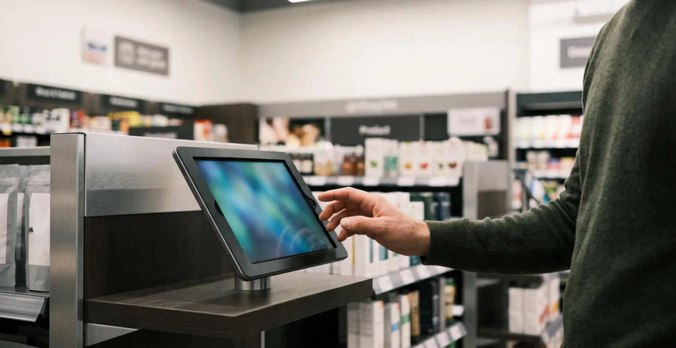 Une cliente interagit avec une tablette tactile fixee en rayon dans un magasin moderne et lumineux