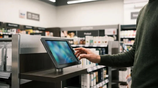 Une cliente interagit avec une tablette tactile fixee en rayon dans un magasin moderne et lumineux