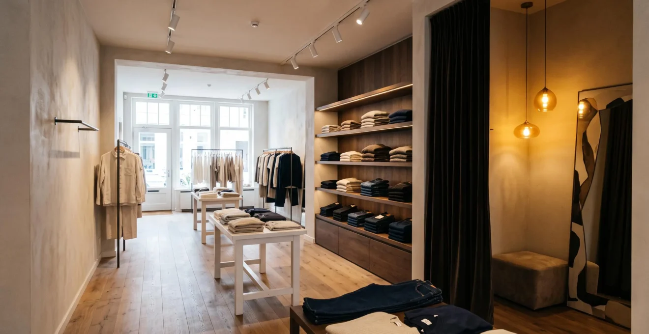 Intérieur d'une boutique haut de gamme divisé en trois ambiances lumineuses distinctes qui structurent le parcours client