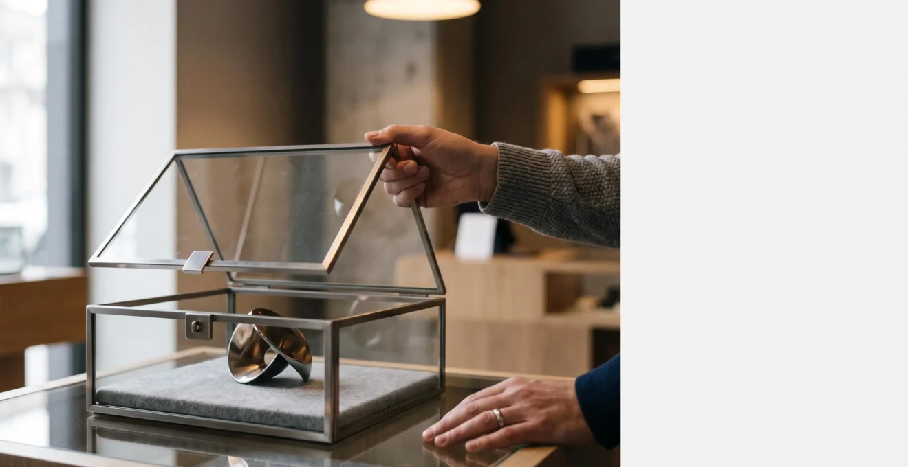 Vitrine de bijouterie haut de gamme avec un espace de negative space evoquant l'equilibre entre protection et experience tactile du client