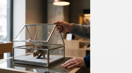 Vitrine de bijouterie haut de gamme avec un espace de negative space evoquant l'equilibre entre protection et experience tactile du client