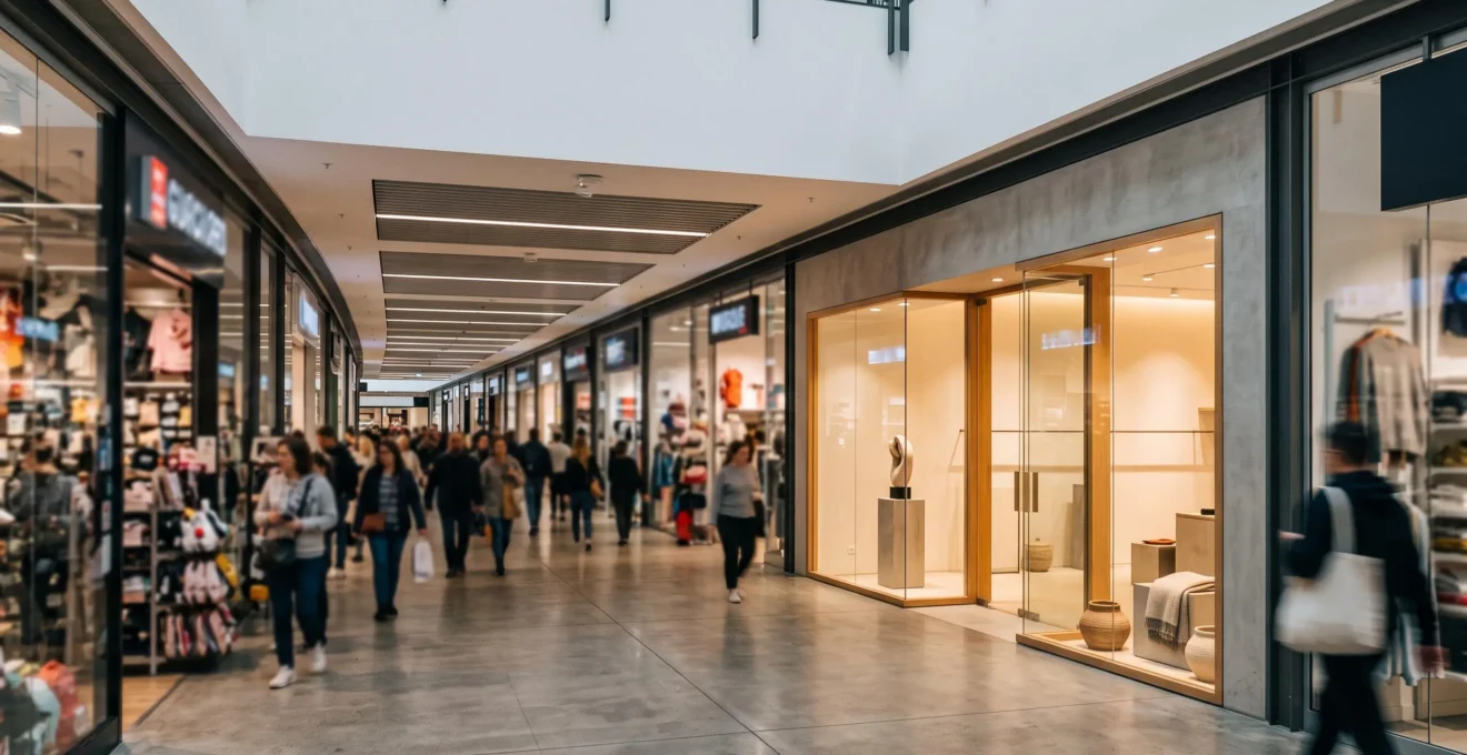 Vue large d'une galerie marchande où une seule devanture épurée se distingue par contraste au milieu de boutiques similaires