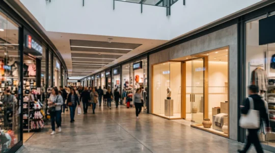 Vue large d'une galerie marchande où une seule devanture épurée se distingue par contraste au milieu de boutiques similaires