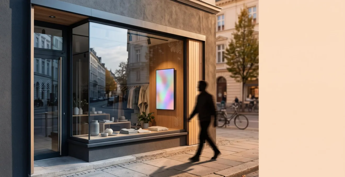 Vitrine de commerce equipee d'un ecran d'affichage dynamique refletant les differentes ambiances de la journee