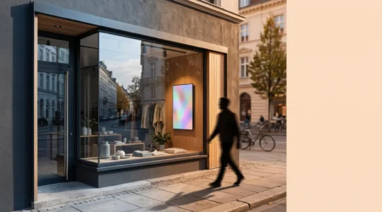 Vitrine de commerce equipee d'un ecran d'affichage dynamique refletant les differentes ambiances de la journee