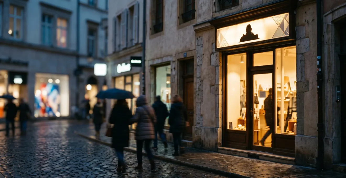 Facade d'un commerce au crepuscule mettant en valeur une enseigne lumineuse comme symbole de reussite commerciale