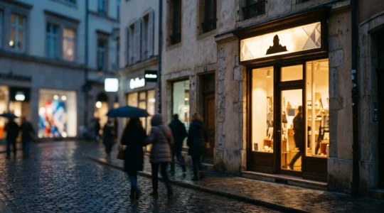 Facade d'un commerce au crepuscule mettant en valeur une enseigne lumineuse comme symbole de reussite commerciale