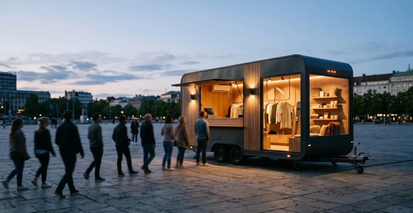 Vitrine mobile design illuminée lors d'une activation événementielle en soirée, entourée de visiteurs silhouettés